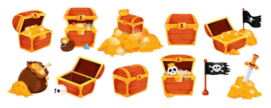 Treasure chests, coins, gems, skulls and pirate items in cartoon style on white background, concept of wealth. Vector illustration