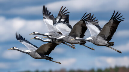 Naklejka premium Crane bird flock migration sky wing wildlife nature flight freedom graceful crane bird flock migration blue sky with wide wing detail wildlife nature flight and freedom feeling clean air over