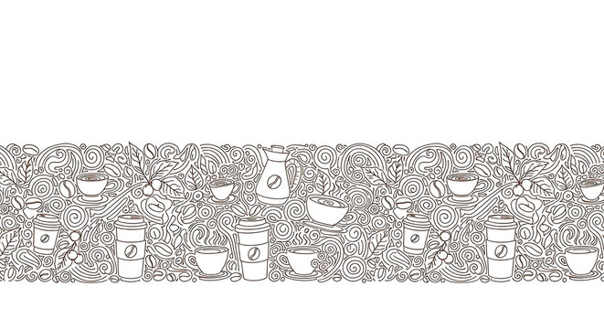 coffee doodle border with cups and saucers