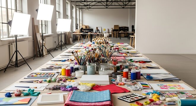 Art studio setup with long table filled with painting supplies brushes paints and canvases ready for creative workshop or class
