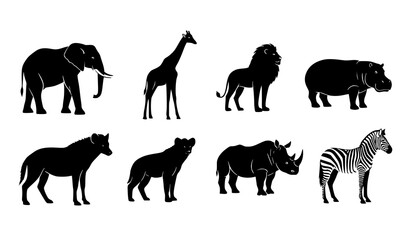 Wild animal black silhouette set with elephant giraffe lion zebra rhino hippo and hyena vector icons © MdShojib