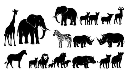 Black animal silhouette icon set with wild and safari animals elephant giraffe lion zebra rhino hippo vector © MdShojib