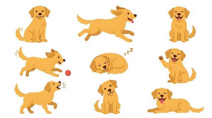 Fototapeta premium Collection of playful cartoon golden retriever puppies in various poses