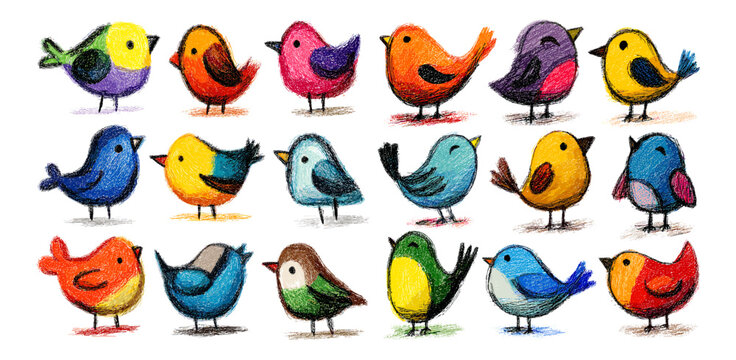Birds child drawing. Colorful spring birds, color chalk charcoal crayon kids hand drawn doodle art red blue green yellow feather songbird tit canary sparrow set vector illustration