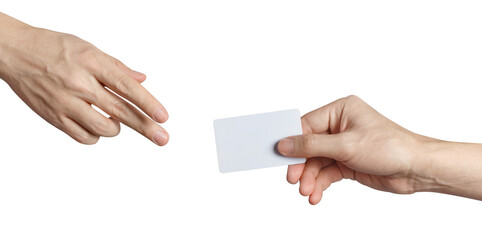 Obraz premium Human hands exchanging empty card mockup with copy space, isolated on cutout transparent background