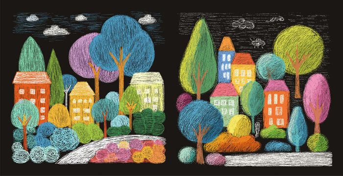 Crayon city landscape. Park garden child chalkboard drawing, home house autumn trees green bushes school kids color crayons hand drawn tawn background isolated vector illustration