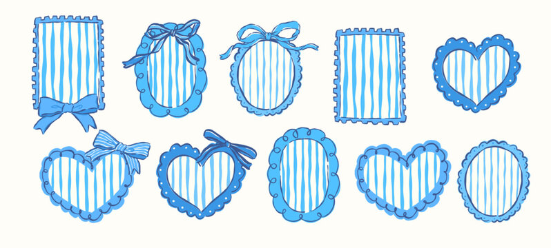 Coquette Scalloped Frames with Blue Stripes and Ribbon Bows Whimsical Sketchy Hand Drawn Clipart Set