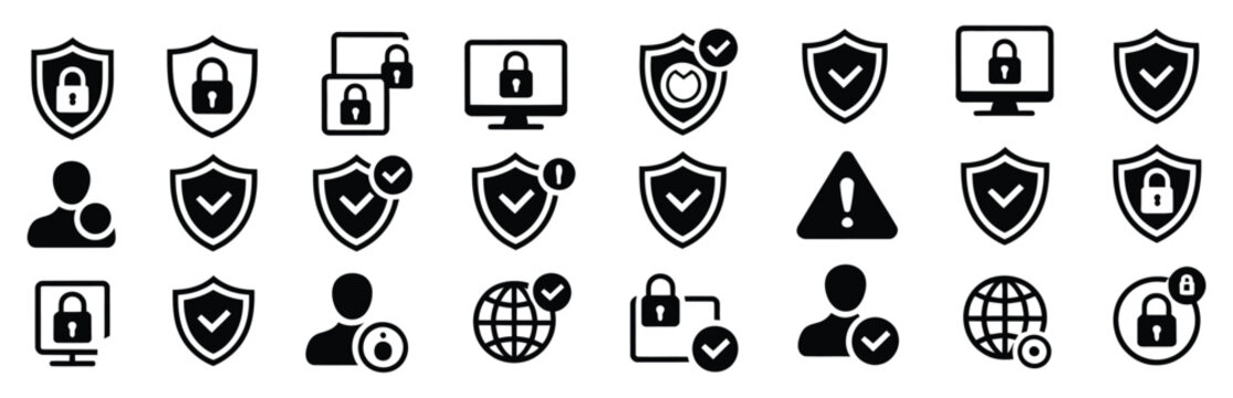 Collection of security icons representing various aspects of online safety and data protection, digital security symbols, secure access and authentication icons, data privacy concept