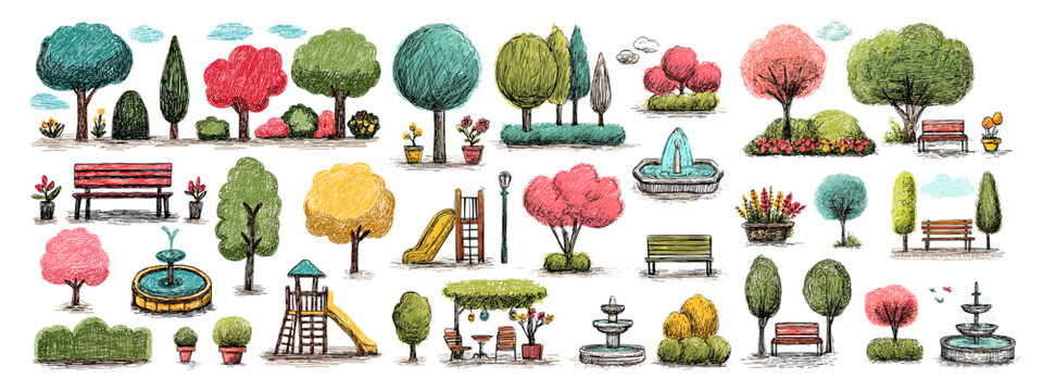 Crayon park elements. City garden kids drawing set, bench flowerbed playground slide autumn trees hedge flowers fountain hand drawn summer landscape isolated vector illustration