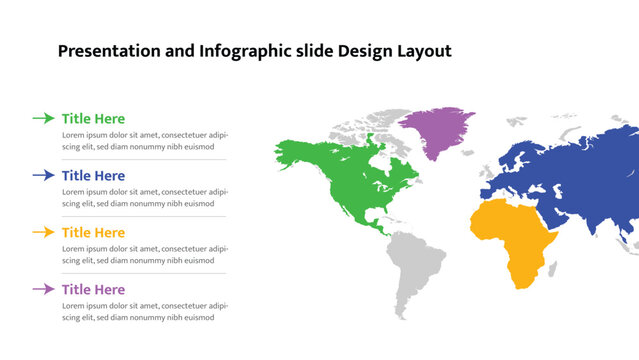 World map infographic slide displaying colored continents and associated information text blocks