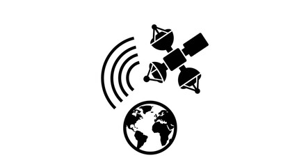 A black and white illustration of a satellite orbiting the Earth with signal waves emanating from it © Mezzy