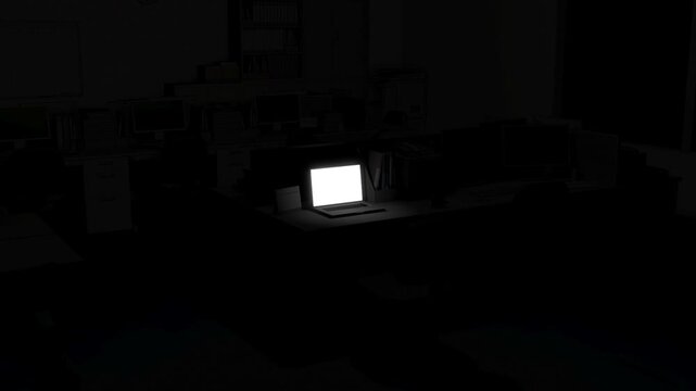夜の暗いオフィスでノートパソコンの画面に吸い込まれる、4K画質の映像素材
