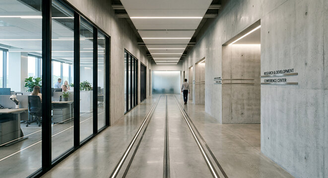 A man walks down a modern office hallway with concrete walls and glass-enclosed offices. 