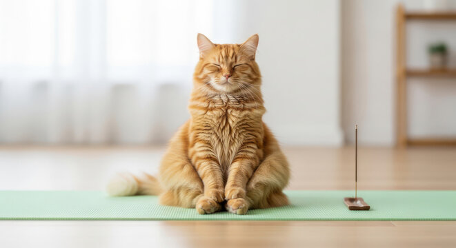 Ginger Cat Meditating on Yoga Mat with Focused Expression.