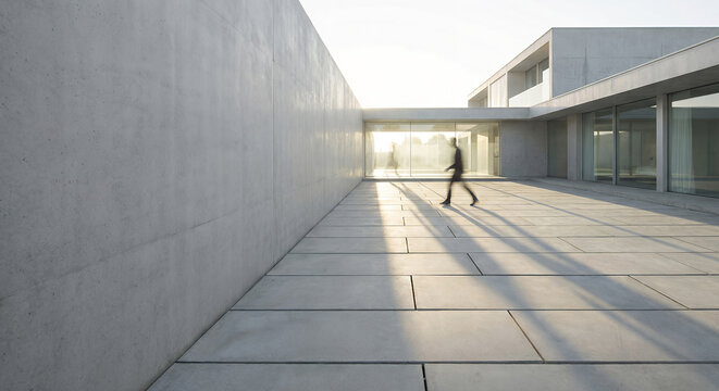 A lone figure walks across a sun-drenched patio in front of a modern concrete building, casting long shadows.