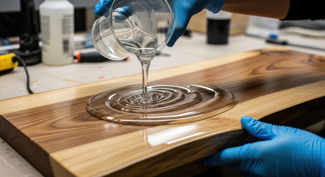 Resin Pouring Onto a Wooden Board by Artisan Hands Wearing Blue Rubber Gloves