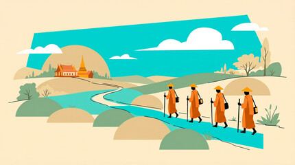 Naklejka premium A vector illustration of a group of monks in orange robes walking along a path through green hills toward a distant temple. It creates a peaceful, serene, and meditative atmosphere.