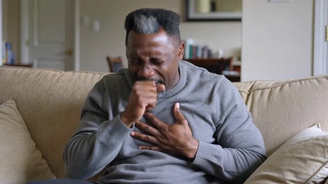 A tired middle-aged Black man in a grey sweater coughs while sitting relaxed on a couch inside a comfortable home living room
