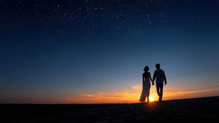 Fototapeta premium Romantic couple silhouette sunset couple holding hand sunset sky evening horizon starry night romantic walk love relationship young adult summer travel dusk landscape twilight night sky silhouette