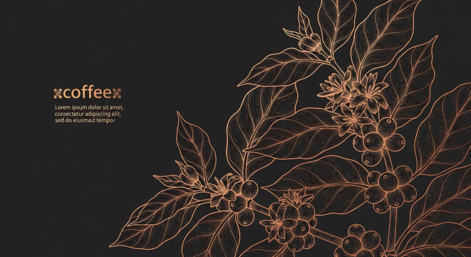 Elegant Coffee Plant Branch with Beans and Flowers, Line Art Illustration