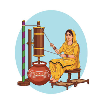 Woman in yellow saree spinning thread with traditional charkha
