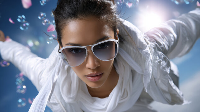 Stylish woman sunglass white jacket modern fashion flying pose blue sky confident face windy hair sunlight vibrant bubble Stylish woman sunglass and white jacket modern fashion flying pose blue
