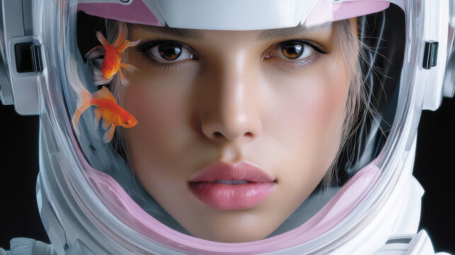 Woman astronaut helmet goldfish surreal futuristic portrait space visor female sci fi fantasy aquatic closeup face beauty makeup reflective technology innovation exploration cosmic outer galaxy