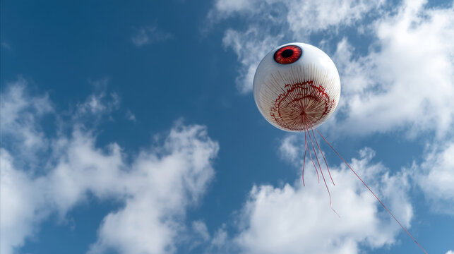 Surreal eye balloon flying eyeball blue sky white cloud fantasy art surrealism dreamlike conceptual horror strange bizarre visual metaphor surreal sky floating object artistic balloon spooky