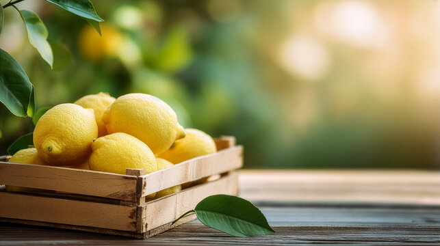 Healthy And Fresh Lifestyle Concept With Lemon Basket And Soft Natural Bokeh Background, Copy Space For Branding