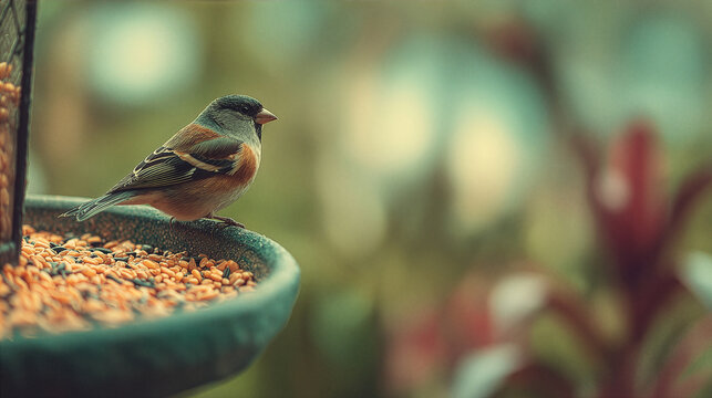 Minimal Nature Scene With Bird Feeding And Soft Background Blur, Copy Space For Your Text