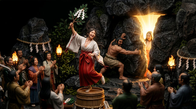 ジオラマで再現する天岩戸神話：アメノウズメの舞と天照大神の出現