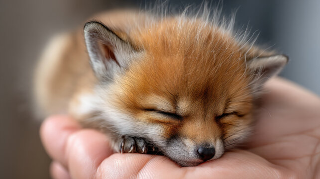 Baby fox sleeping fox animal wildlife fur red small tiny cute hand baby fox sleeping gentle human hand, soft fur detail and peaceful wildlife moment create tender connection and calm mood closeup