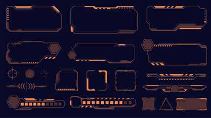 Interface futuristic frames. Sci fi game assets, hud elements, different geometric borders, dividers and indicators, hi tech text panels, UI navigation overlays header qualitative vector set © YummyBuum