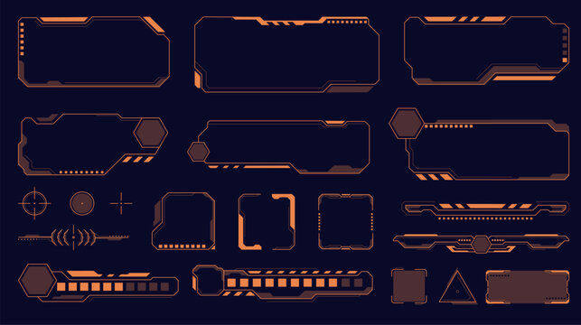 Interface futuristic frames. Sci fi game assets, hud elements, different geometric borders, dividers and indicators, hi tech text panels, UI navigation overlays header qualitative vector set