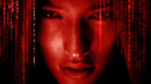 Cyber portrait red light digital face female intense gaze data stream binary code cyberpunk futuristic horror mood Mysterious cyber portrait red light with intense female gaze surrounded by