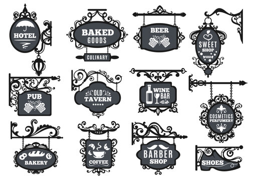 Hanging signboard emblems design. Street store, hotel, pab and bar signs, decorative elements, vintage metal frames, classic labels shopping, black plaque silhouettes, splendid vector set