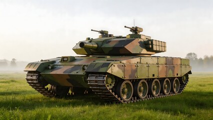 Fototapeta premium Military tank in grassy field