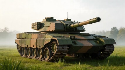 Fototapeta premium Military tank in grassy field