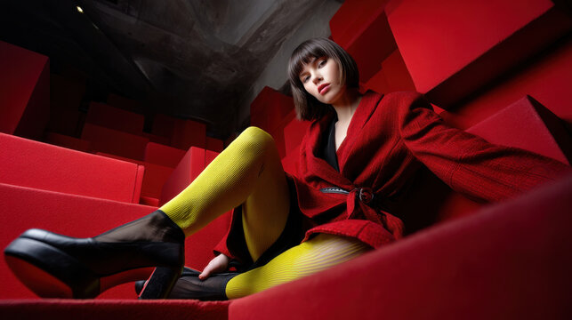 Woman fashion red coat yellow tights platform shoe short hair bob haircut modern stylish confident editorial portrait model seated stair red background geometric angle low angle urban interior