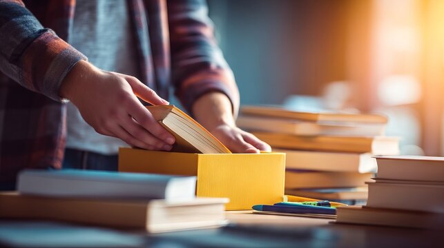 Student Opening Box of New Study Materials with Books on Table