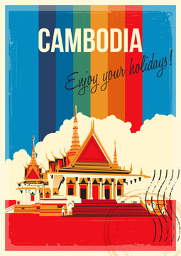 Cambodia Main Tourist Attraction Postcard, Royal Palace of Cambodia Illustration. Vector Template Retro Style Greeting Card. 1970s - 1980s Color Lines, Aged Paper Texture
