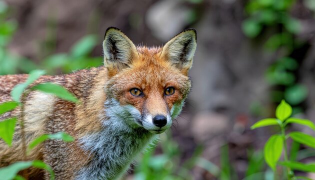 Fox face in green forest.