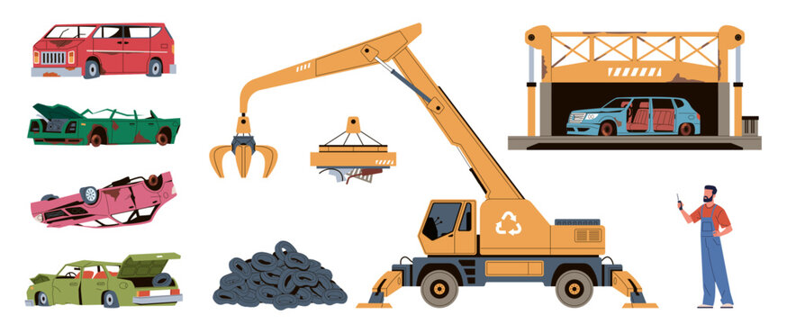 Car dump elements. Scrap metal, broken, damaged vehicle, rusty automobiles, crane magnet, worker in overalls, garbage metal recycling, industrial waste, nowaday vector cartoon isolated set
