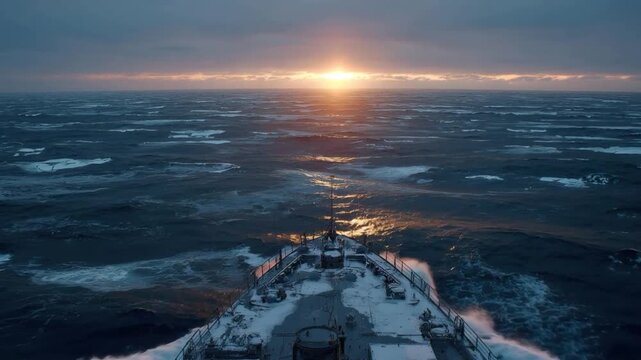 Navigating icy expanse toward the horizon, a vessel cuts through frigid waters under the ethereal glow of a setting sun. ..Created with Generative AI, not depicting real subjects.
