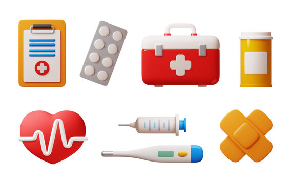 3d cartoon medicine tools. Hospital, ambulance elements, plasticine or render style, thermometer, syringe, patch, pills in blister, medical healthcare aid classy vector isolated set