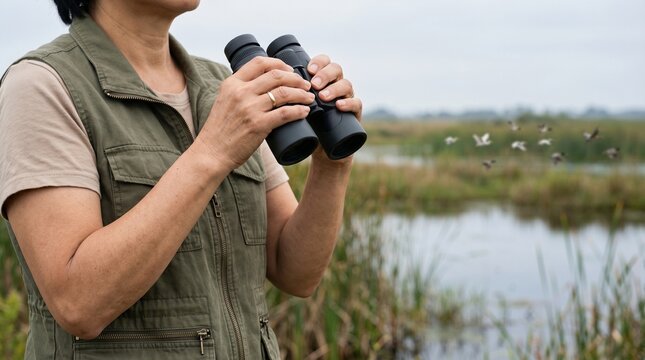 Senior woman birdwatching with binoculars in a scenic marshland nature reserve.