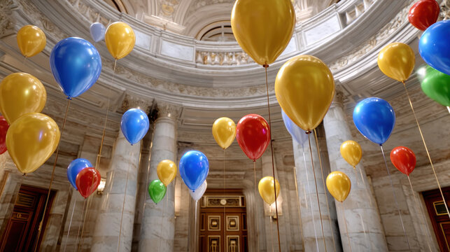 Colorful balloon celebration decoration indoor architecture marble column grand hall blue balloon red balloon yellow balloon golden door party mood floating balloon fill grand hall interior