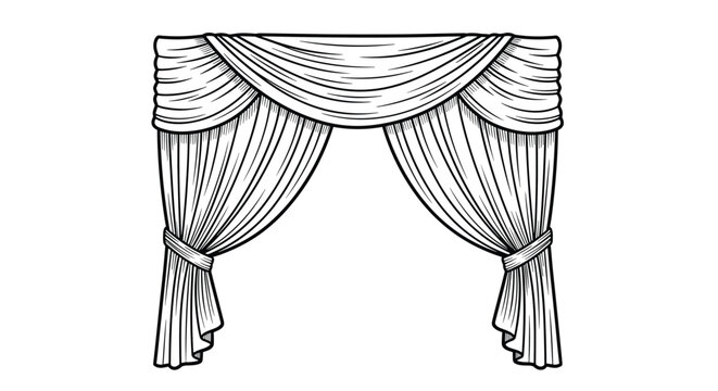 Elegant black and white line drawing of decorative window curtains with a classic valance and tied back drapes for home interior.