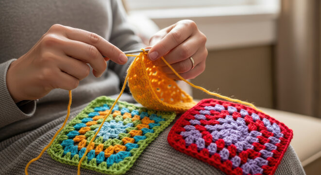 Crocheting Hands Working with Colorful Granny Squares and Wool Yarn