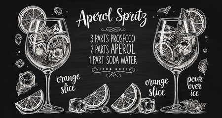 Aperol spritz cocktail recipe illustration on chalkboard background with hand drawn glasses.